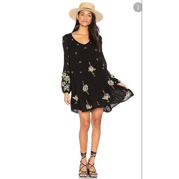 FREE PEOPLE Oxford Black Boho Mini Dress w/ Embroidery Size XS - Picture 2 of 5